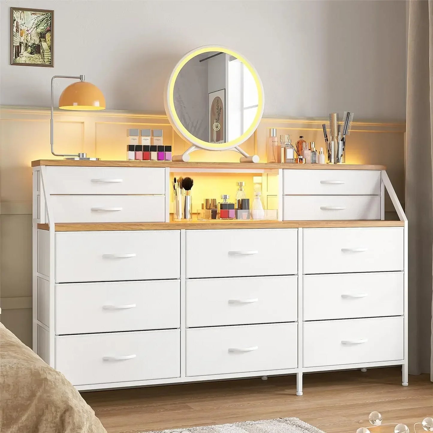 OPHELIA Modern Wide Storage Dresser – 13 Drawer Organizer with Open Shelves | 55.1'' W