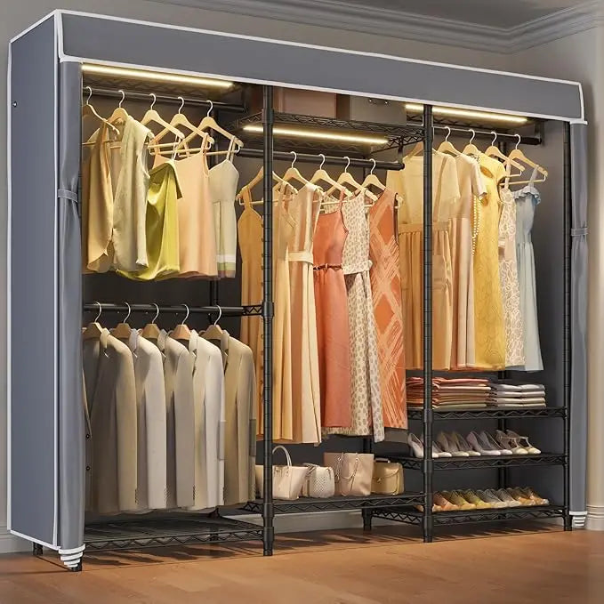 MICHELLE Wardrobe Rack – Metal Portable Closet Organizer with Cover & Adjustable Shelves