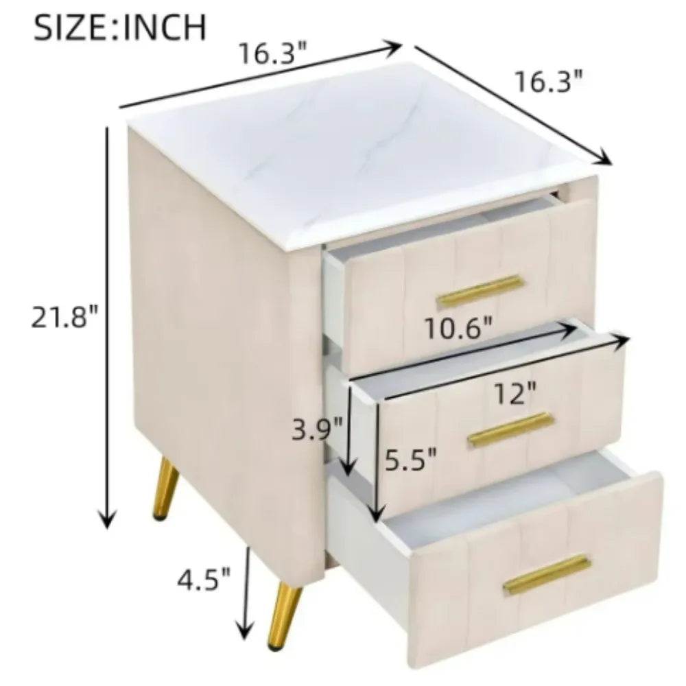 JOANNA Velvet Upholstered Nightstand with Faux Marble Top, 3-Drawer Modern Bedside Table - 16.3''