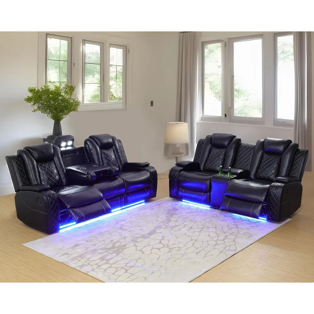 JUAN Leather Power Recliner Sofa Set with LED, USB Port & Cup Holder 83" W