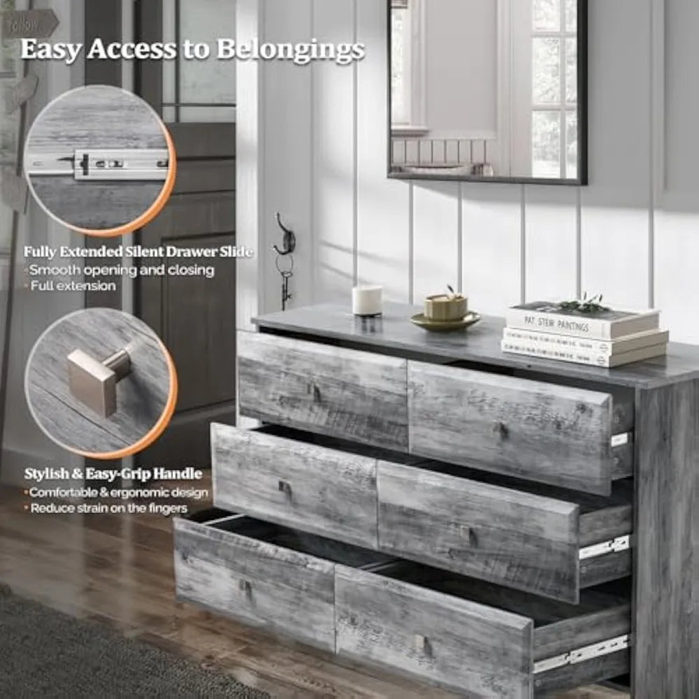DANNA Rustic Grey 6-Drawer Wood Dresser - 53.9" Wide