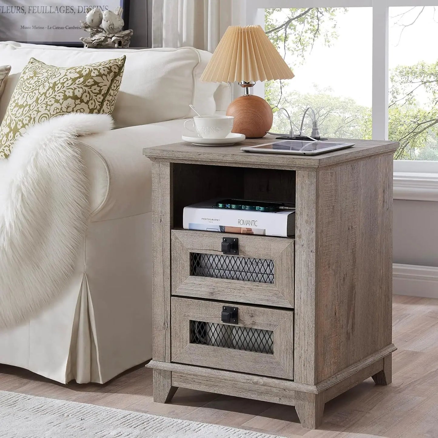 DREAM Farmhouse Nightstand with Charging Station & Mesh Drawers