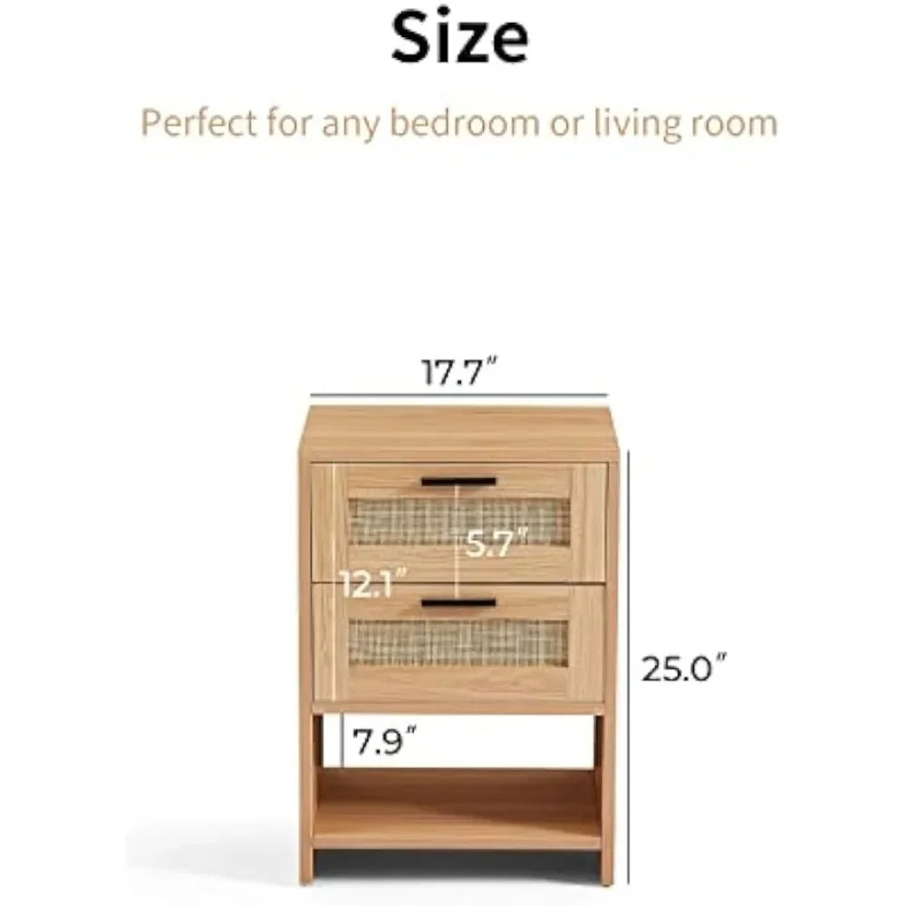 MALANI Modern Rattan Nightstand with 2 Drawers & Open Storage – 17.3" Wide Bedside Table