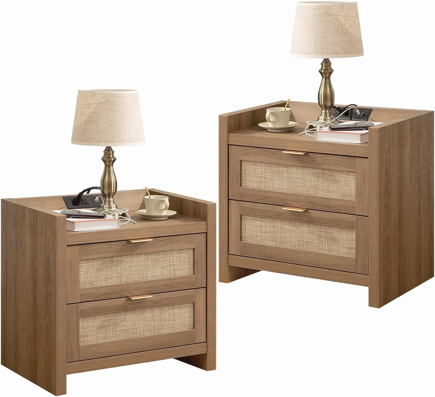 LAUREN Farmhouse Oak Rattan Nightstand Set – 23.6" Wide 2-Drawer Bedside Table with Type-C Charging Station