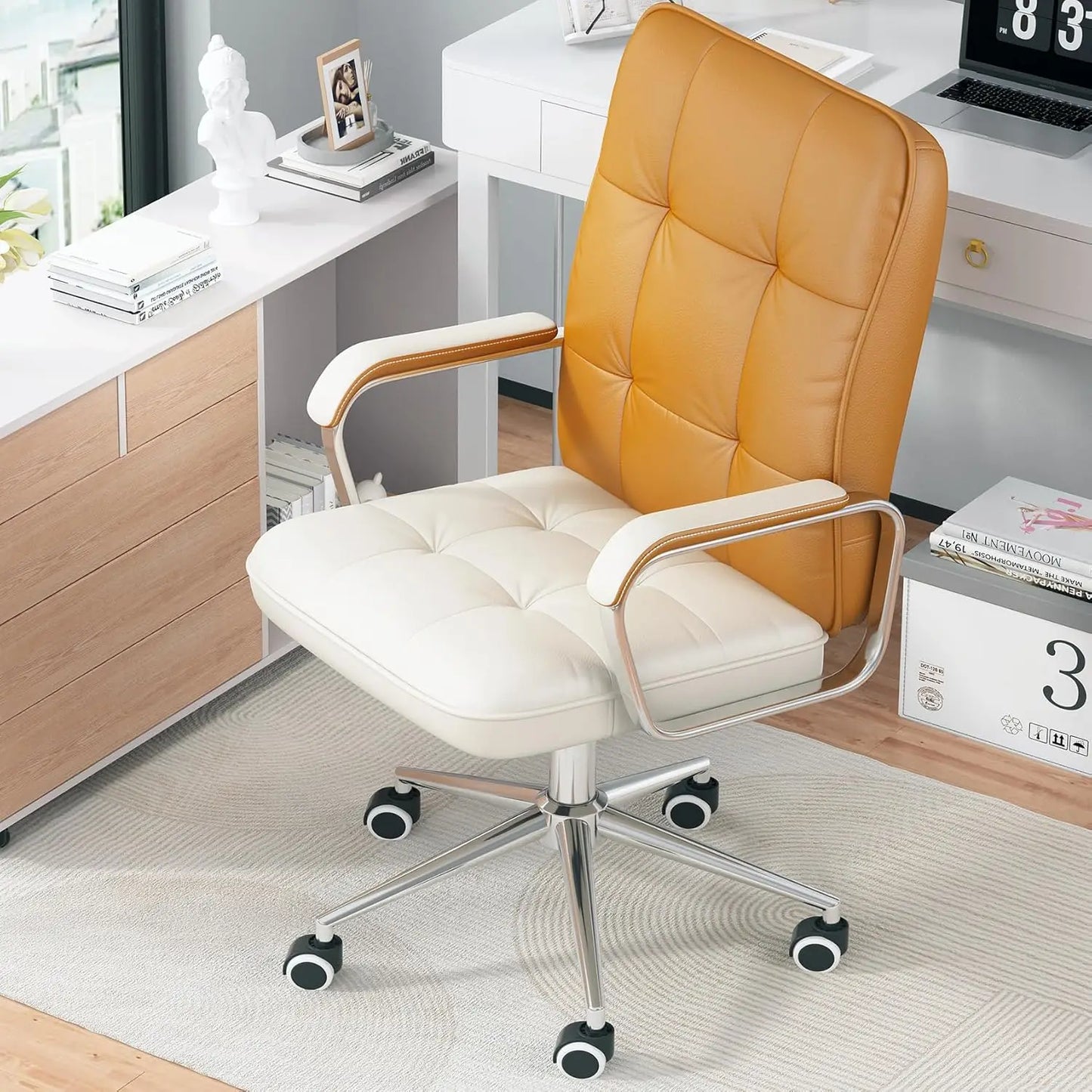 VIETNAM Ergonomic PU Leather Swivel Chair with Adjustable Height & Padded Arms - 24.8" W
