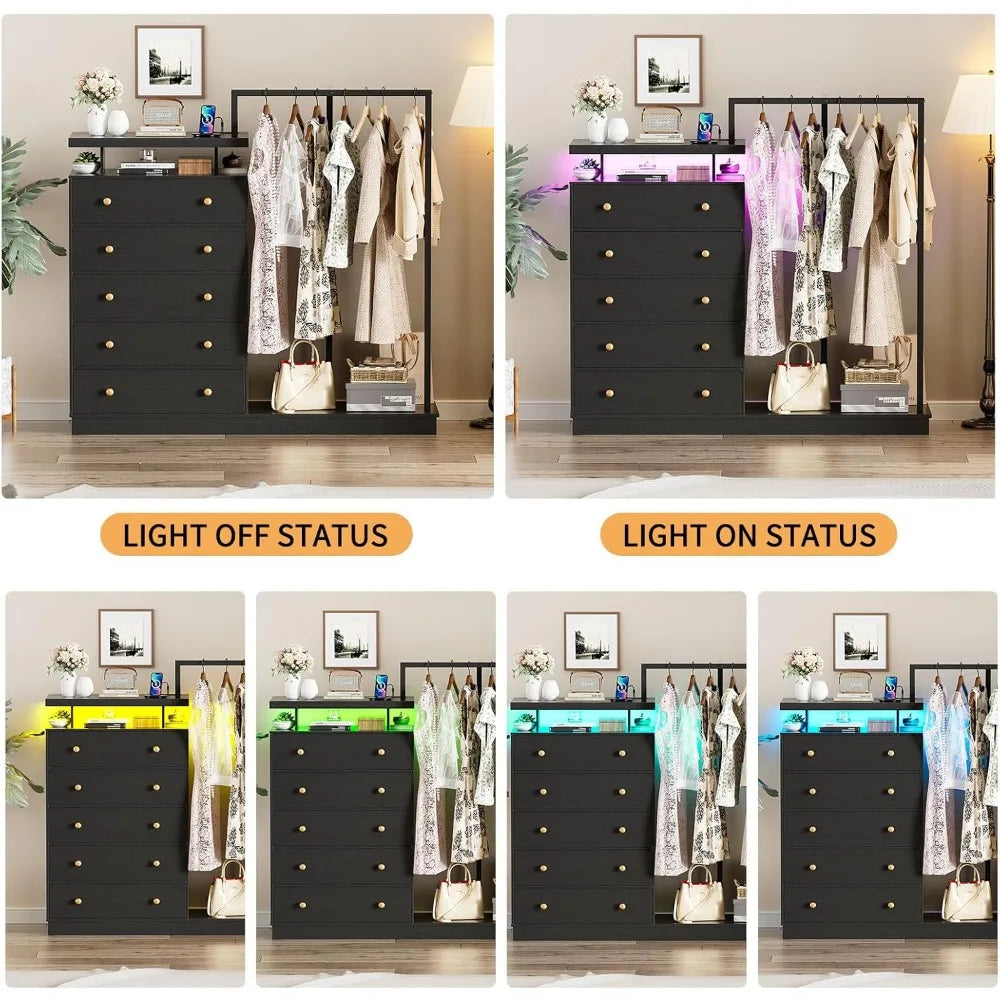 LILLY Modern LED 5-Drawer Dresser with Hanging Rack & Charging Station