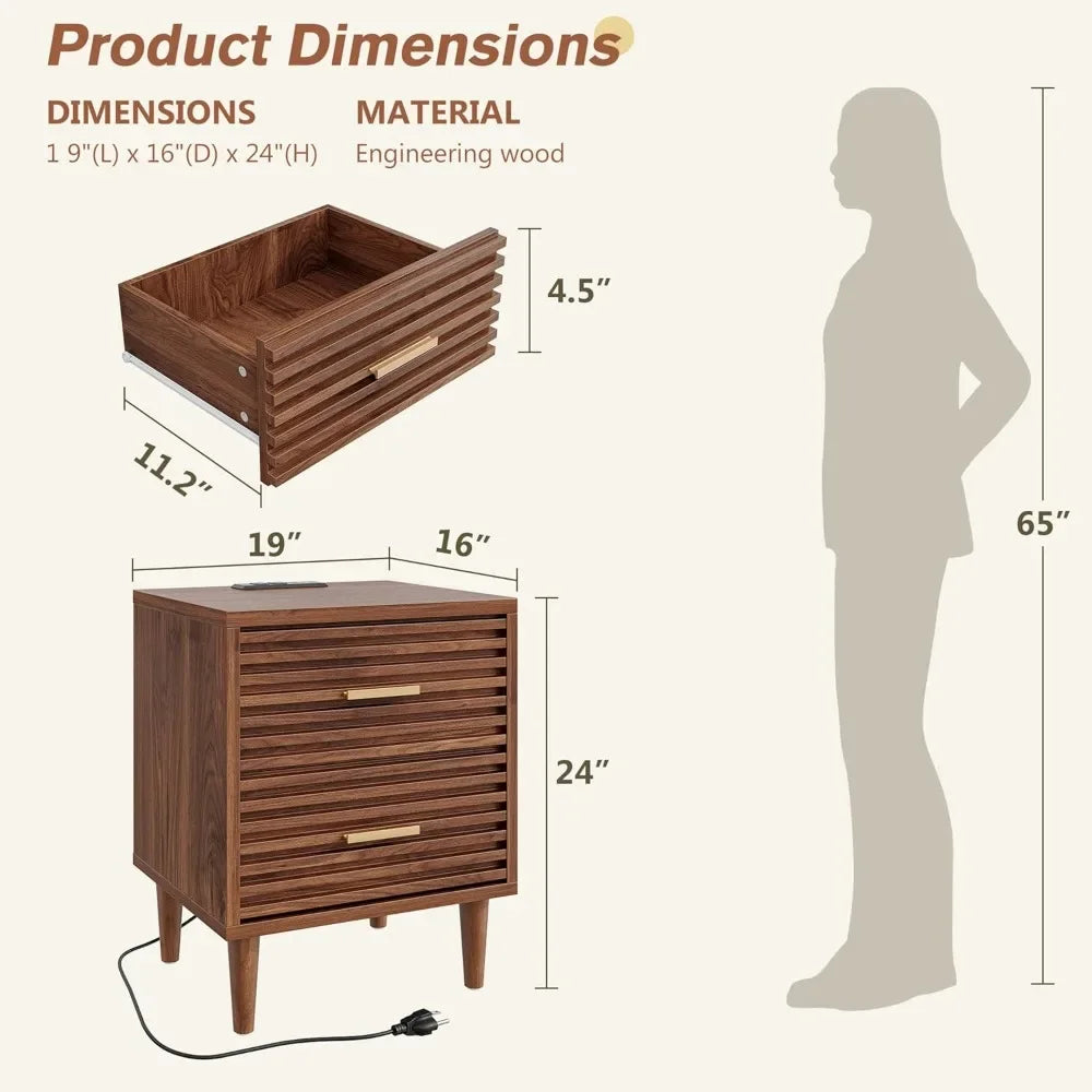 ALYSSA Modern Nightstand with Charging Station - 19" Wide Bedside Table with 2 Drawers