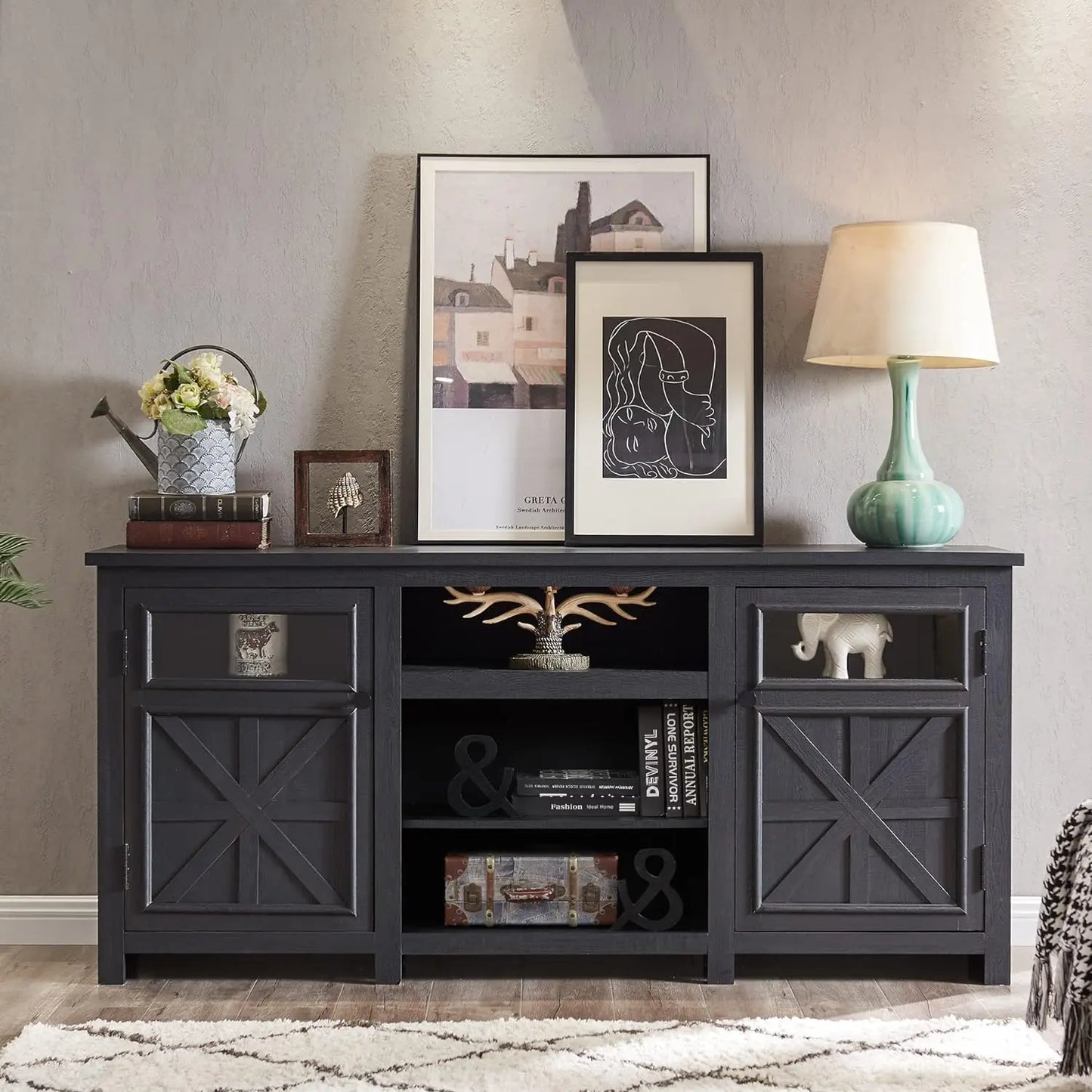 MADELYN Rustic Modern TV Stand with Barn Doors - 66"W