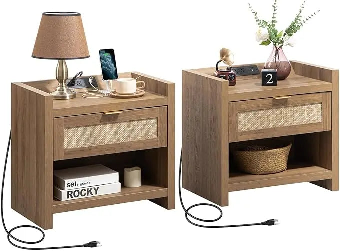 TEAGAN Wooden Bedside Table with Charging Station - 23.6'' Wide