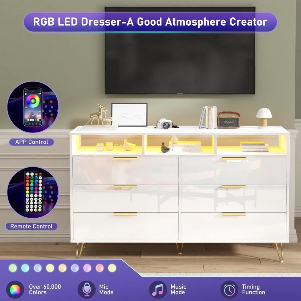 LOLA Modern High Gloss LED Dresser – 6 Drawer Chest with Gold Legs & Open Storage | 55.1'' W