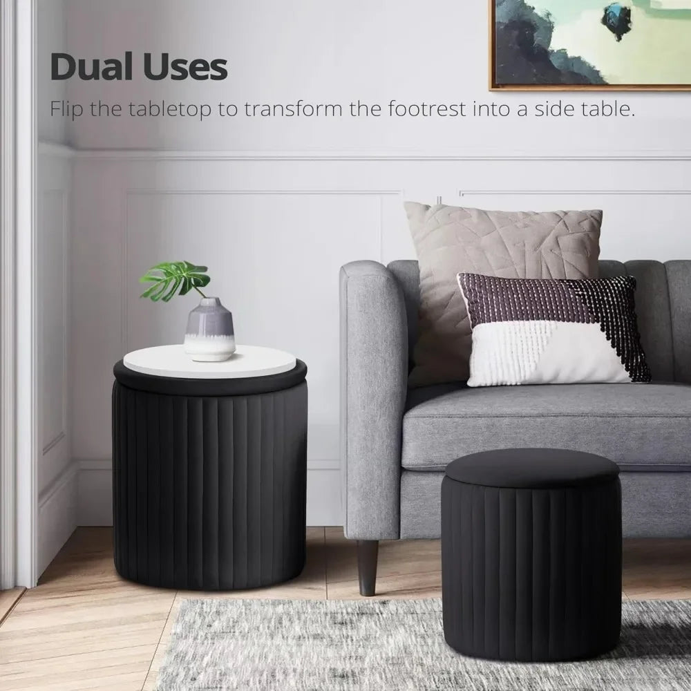 KENNEDY Round Velvet Upholstered Ottoman Set of 2 with Storage - 14.76" W