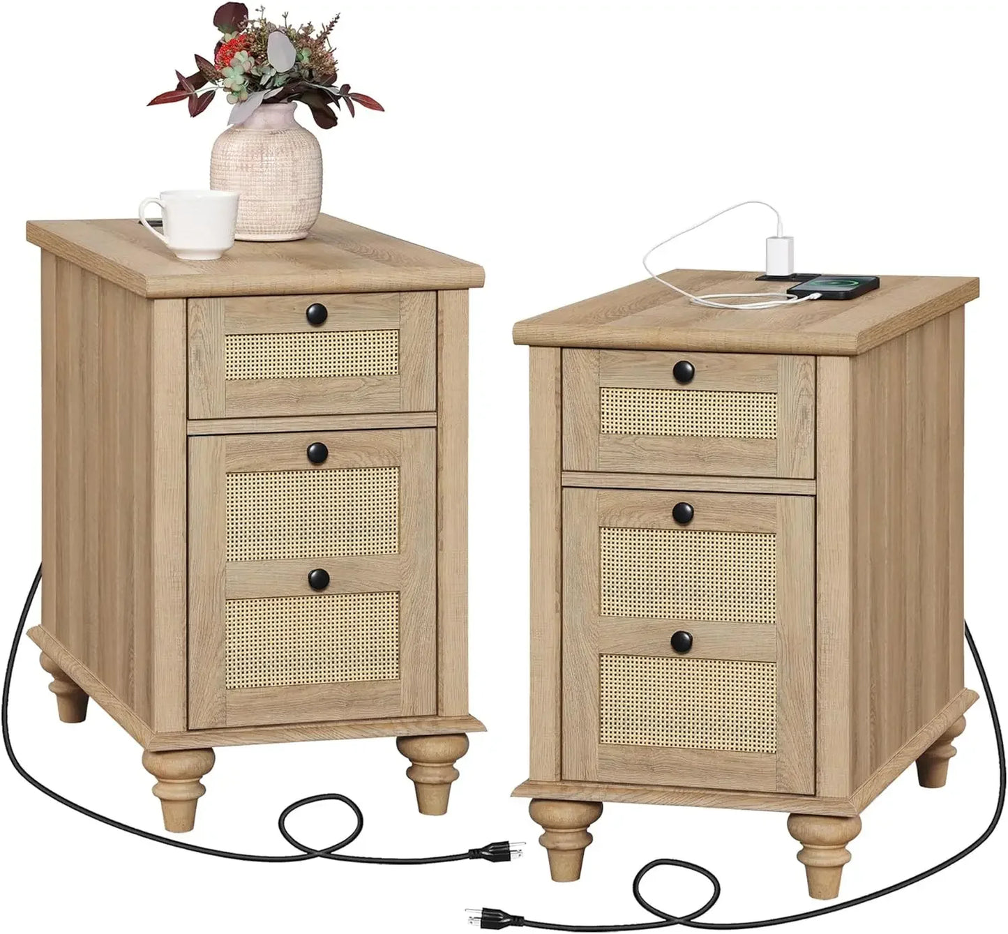 LILLIANA Wood Nightstand with Charging Station and Storage Cabinet – 14.9” Wide