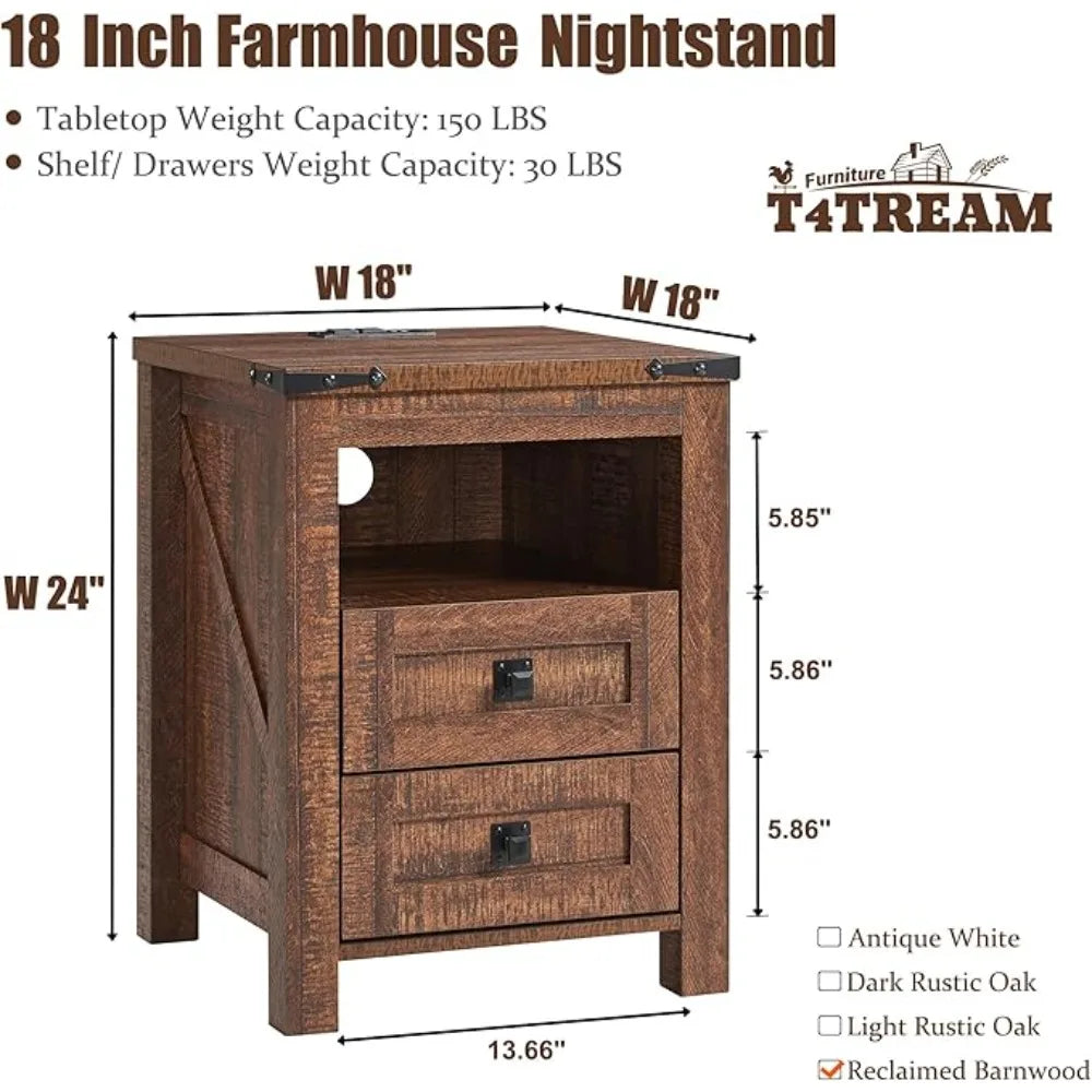 ADELINA Rustic Farmhouse Nightstand with USB Charging Station & 2 Drawers – 18"W