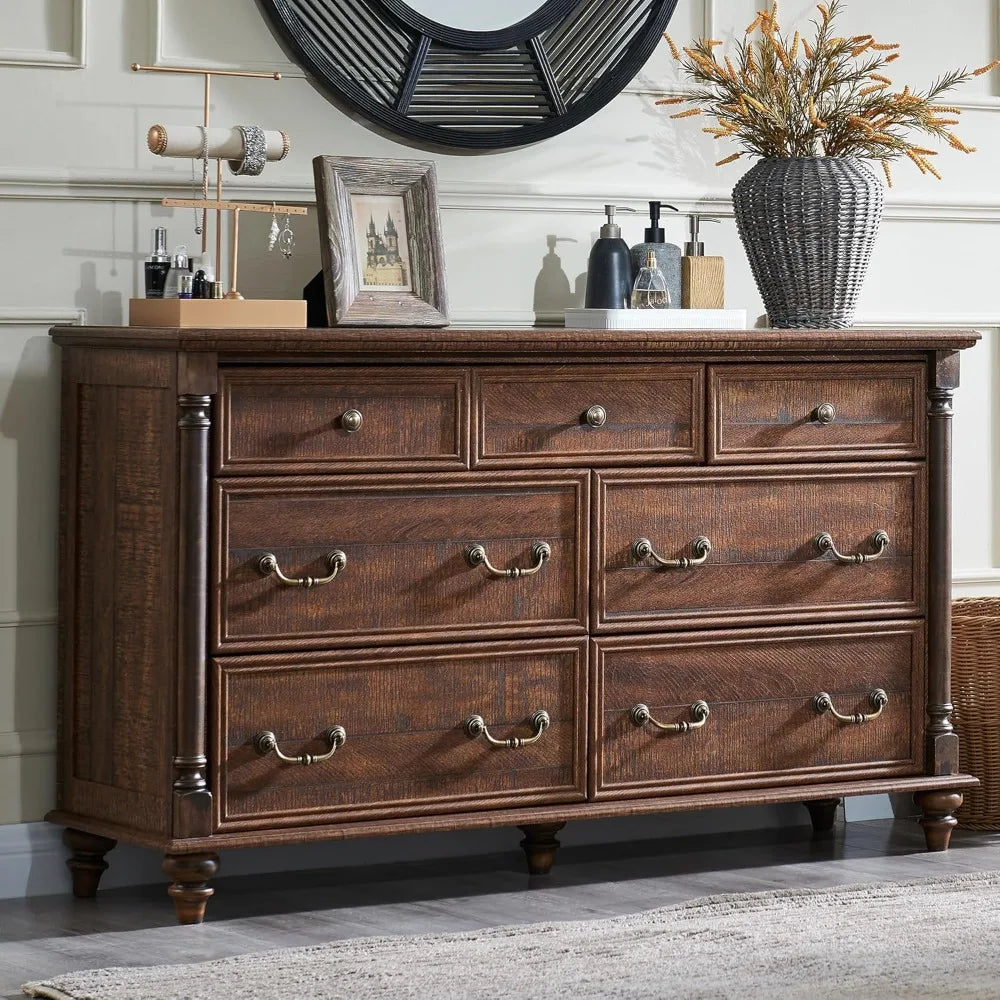KALI Farmhouse 7-Drawer Wide Wood Dresser - 54'' Rustic Storage Chest