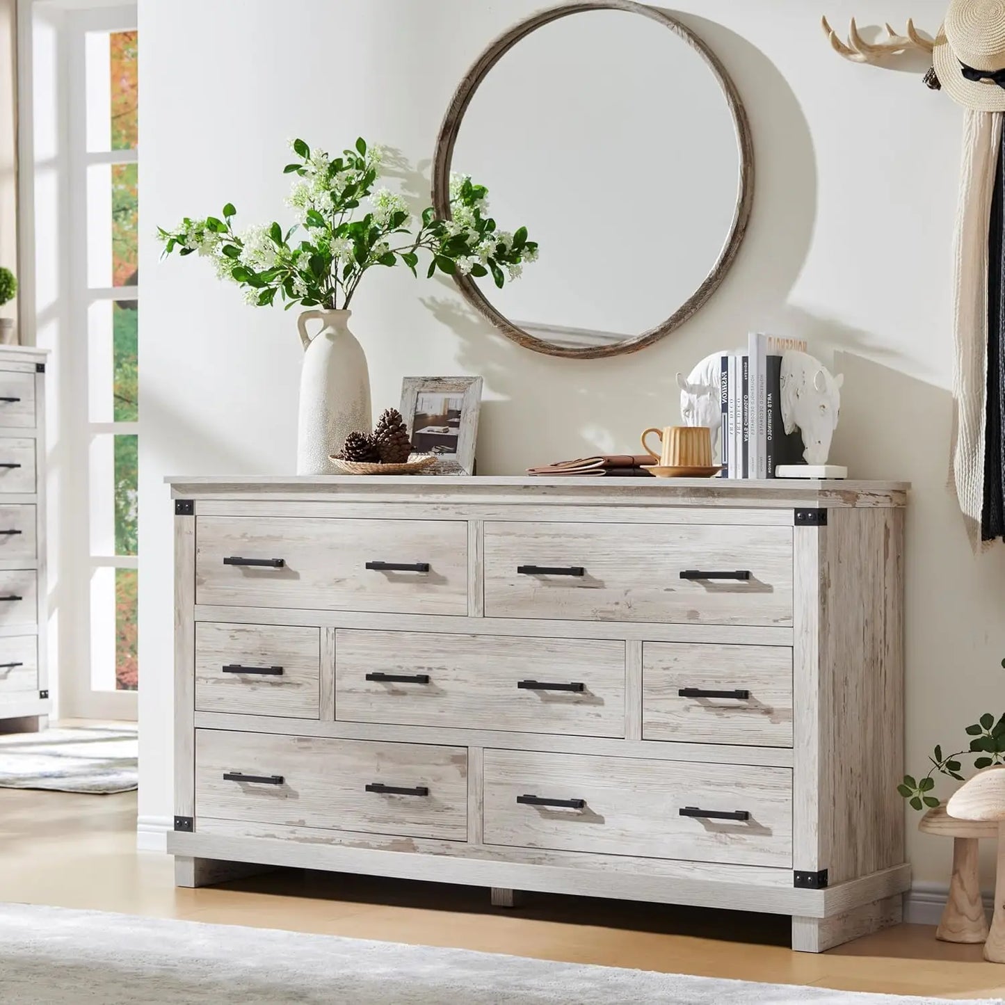 COLLINS Farmhouse 7-Drawer Wood Dresser - 54" Wide Storage Chest for Bedroom & TV Stand