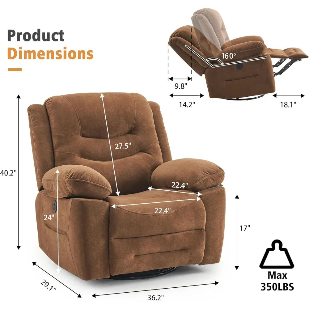 XAVIER Large Power Swivel Rocker Recliner with Massage & Heat, USB Port- 36.2" W