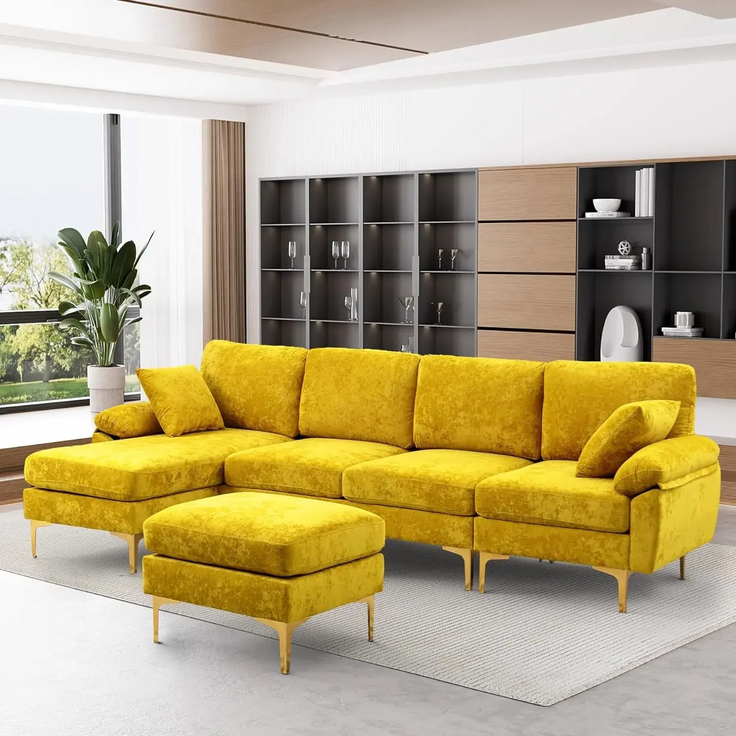 RYKER Modern Velvet U-Shaped Sectional Sofa with Chaise & Ottoman – Sectional Couch – 114.17" W