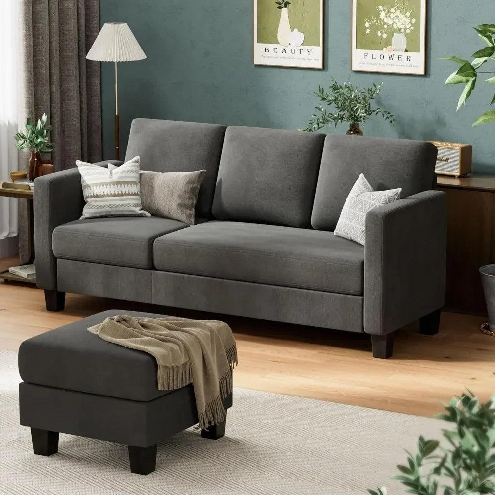 ANGELA Modern Linen Convertible L-Shaped Sectional Sofa – 3-Seater Couch with Movable Ottoman - 70.8"W