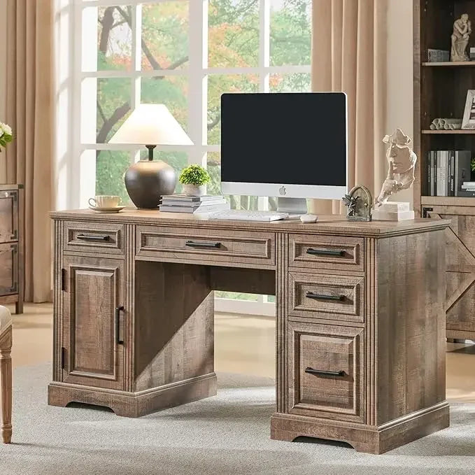 MARY Farmhouse Executive Desk with Drawers & Cabinet – 58" W