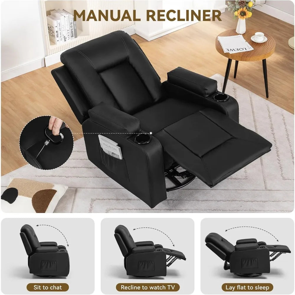 NORA Swivel Rocker Recliner Chair - Massage & Heat - Modern Faux Leather - 24" W