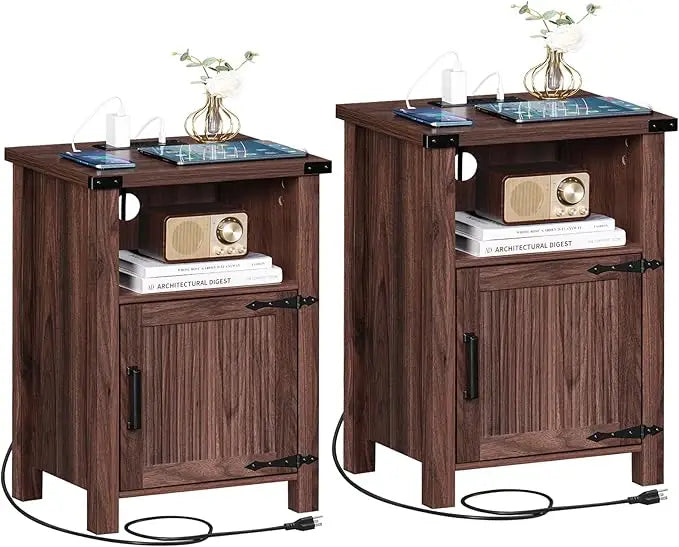 SERENA Farmhouse Nightstand Set of 2 with Charging Station - 18" Rustic Bedside Table with USB Ports & Storage