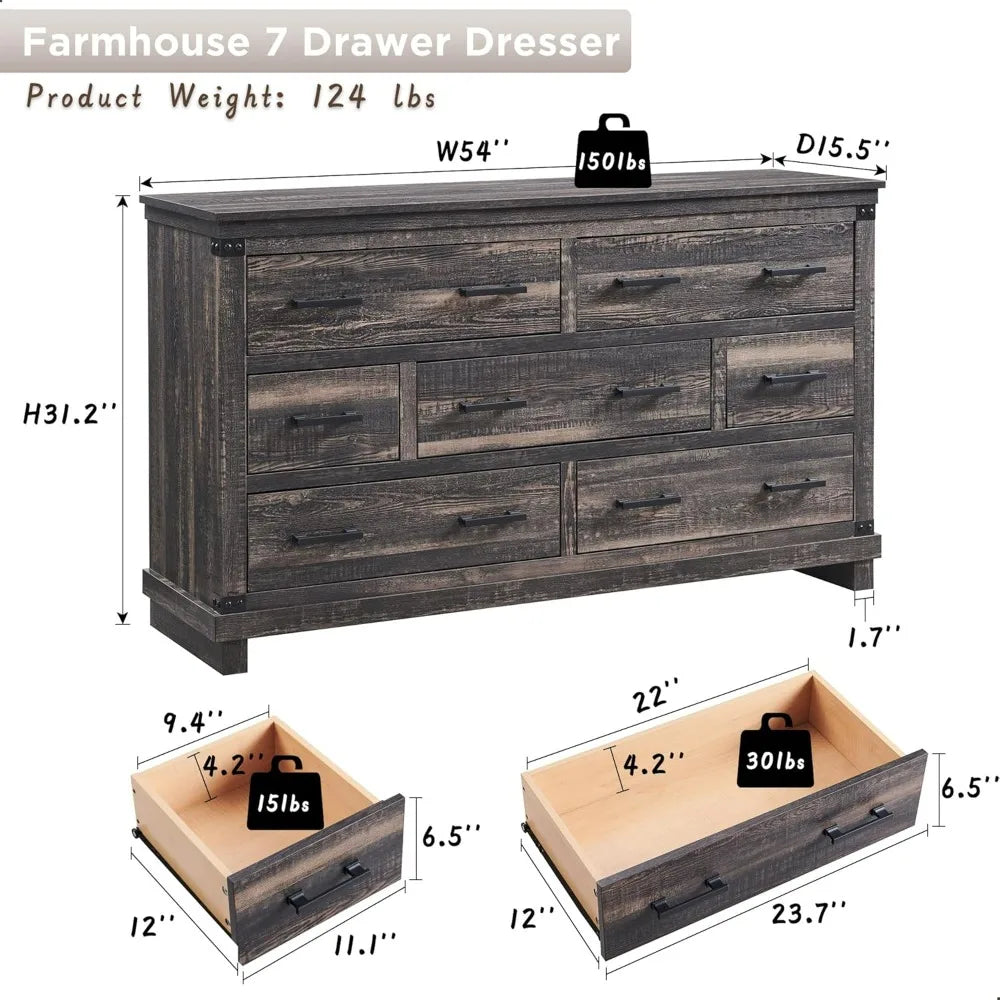 KIARA Farmhouse Rustic 7-Drawer Dresser – Antique Wooden Storage Chest – 54'' Wide Description: