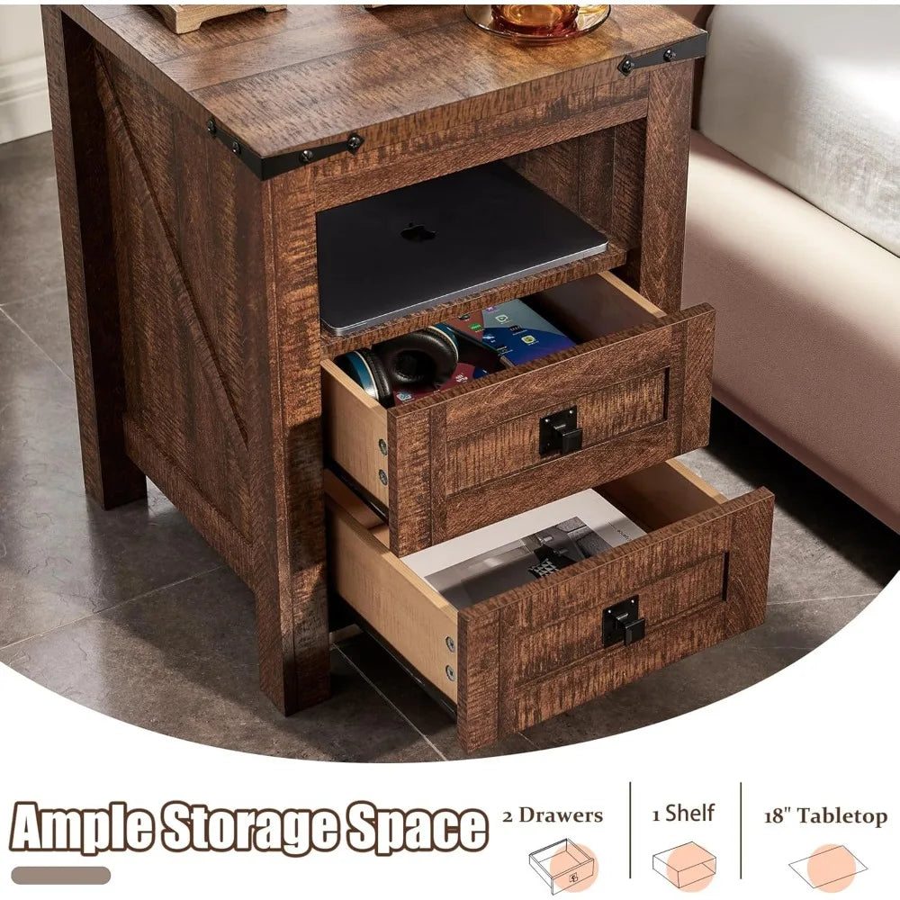 CHARLEE Rustic Farmhouse Nightstand with Charging Station & Storage - 18'' Wide