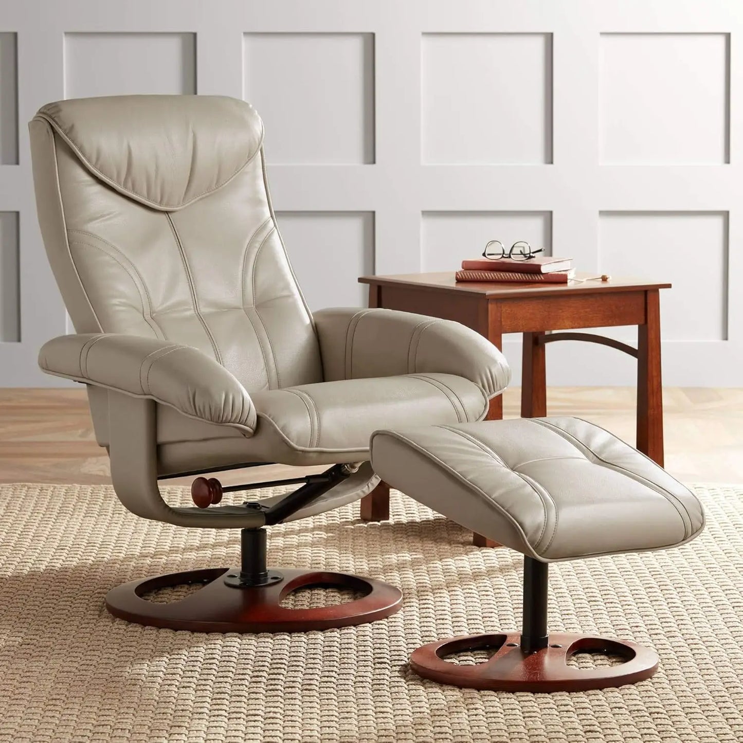 MOLLY Kyle Taupe Swivel Recliner Chair with Ottoman – Modern Faux Leather Armchair – 28.5"-42" W
