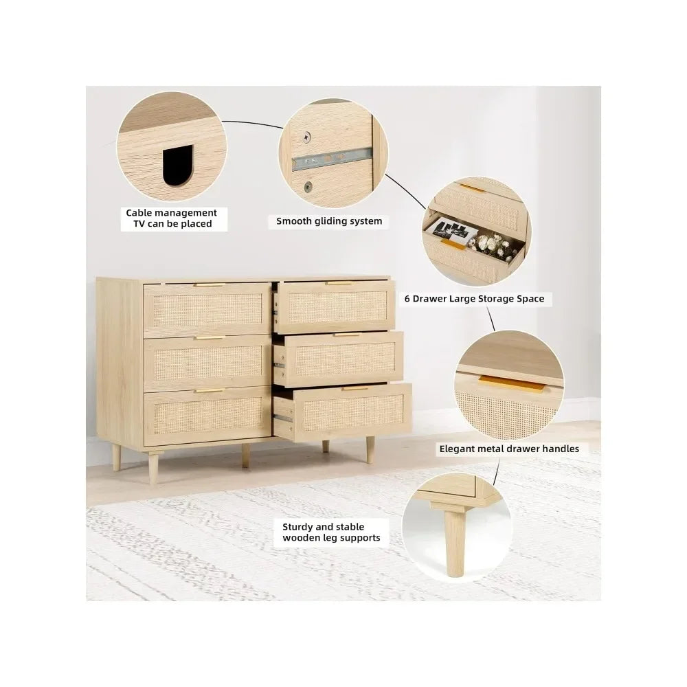 ELIANNA Modern Rattan 6-Drawer Dresser - 43.3" Wide Wood Storage Chest
