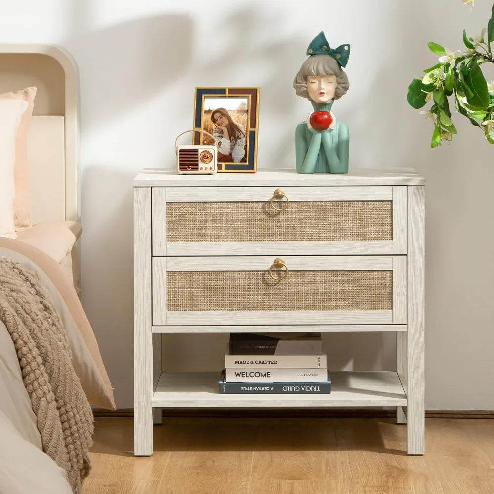 VANESSA White Boho Rattan Nightstand with Drawers & Storage Shelf - 26.7" Wide Bedside Table