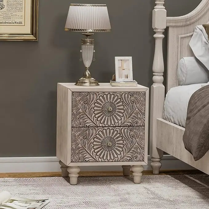 HOPE Vintage Floral Carved Wooden Nightstand Set – 18" Wide Bedside Table with 2 Drawers
