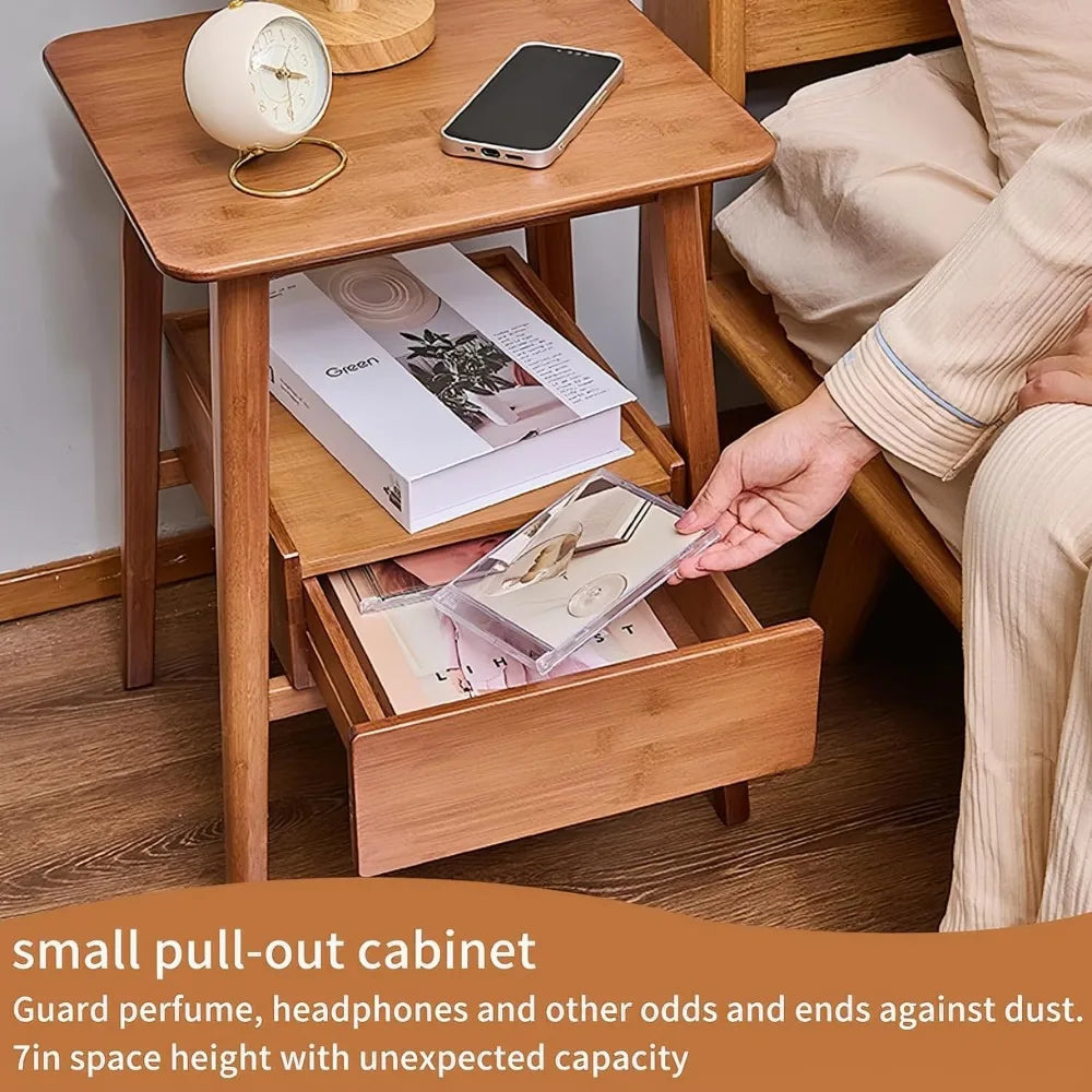 HATTIE Minimalist Bamboo Nightstand – Wooden Bedside Table with Drawer – 13.77” Wide