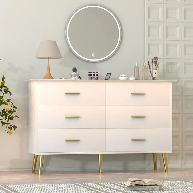 ANTONELLA Modern LED White Dresser – 6 Drawer Chest with Gold Handles – 47.2''