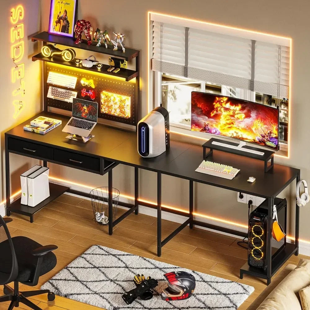 EMMA Gaming Desk with LED Lights, Pegboard, Drawers & Monitor Stand - 54.3"W