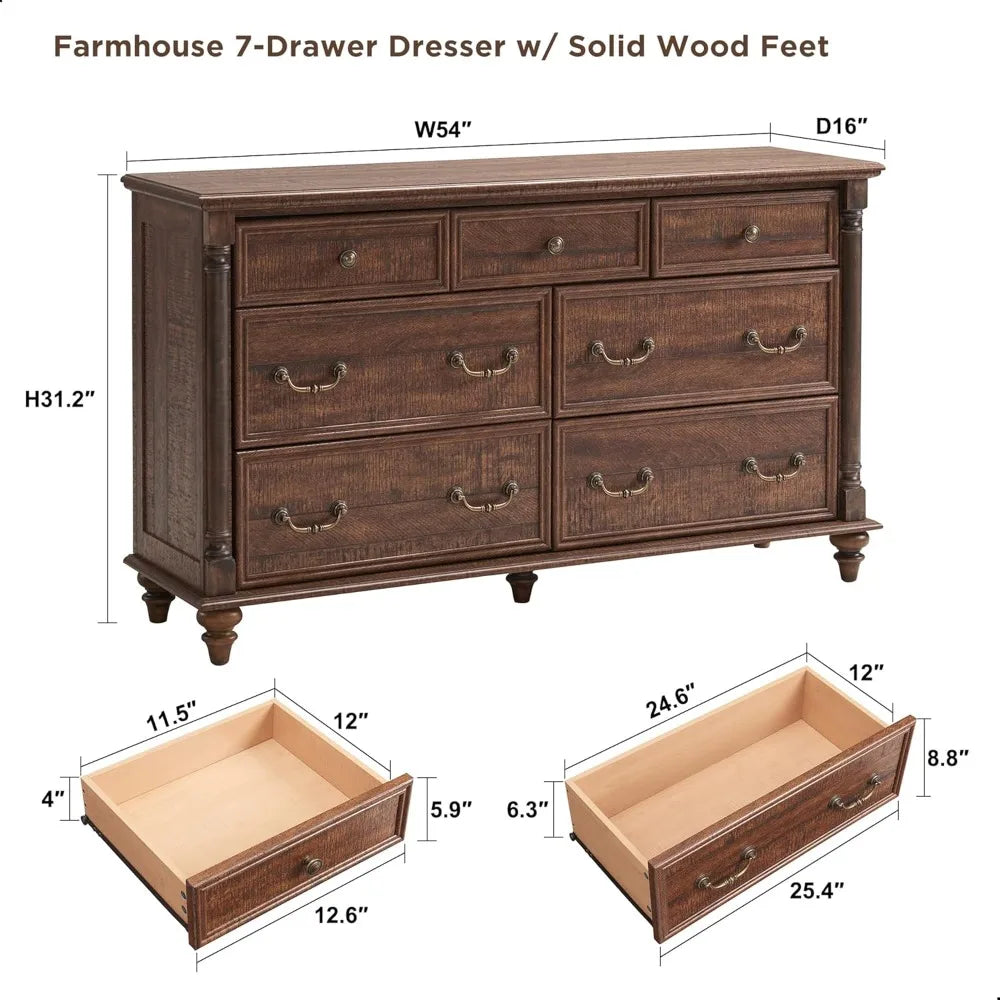 KALI Farmhouse 7-Drawer Wide Wood Dresser - 54'' Rustic Storage Chest