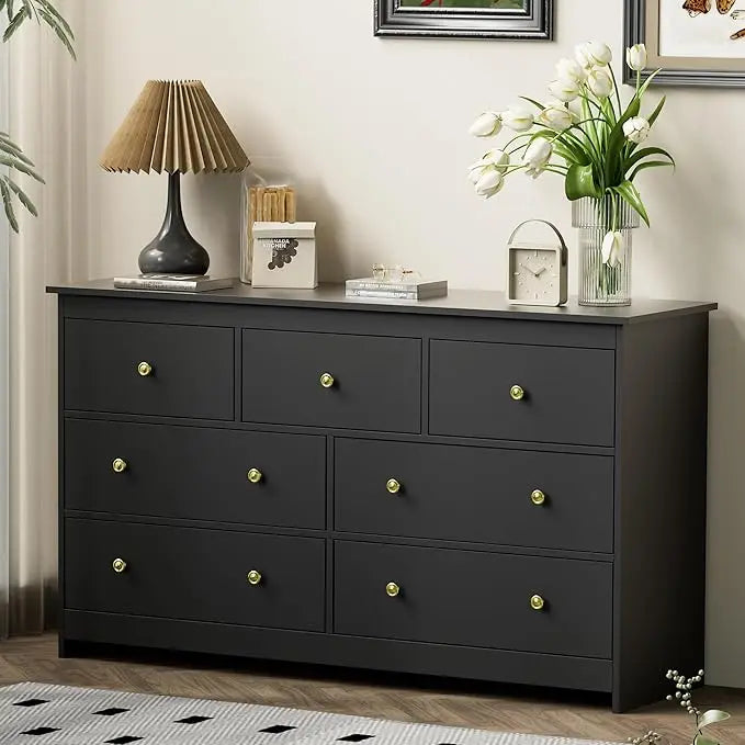 BRYNLEE Modern Minimalist 55'' Wide 7-Drawer Wood Dresser with Gold Handles