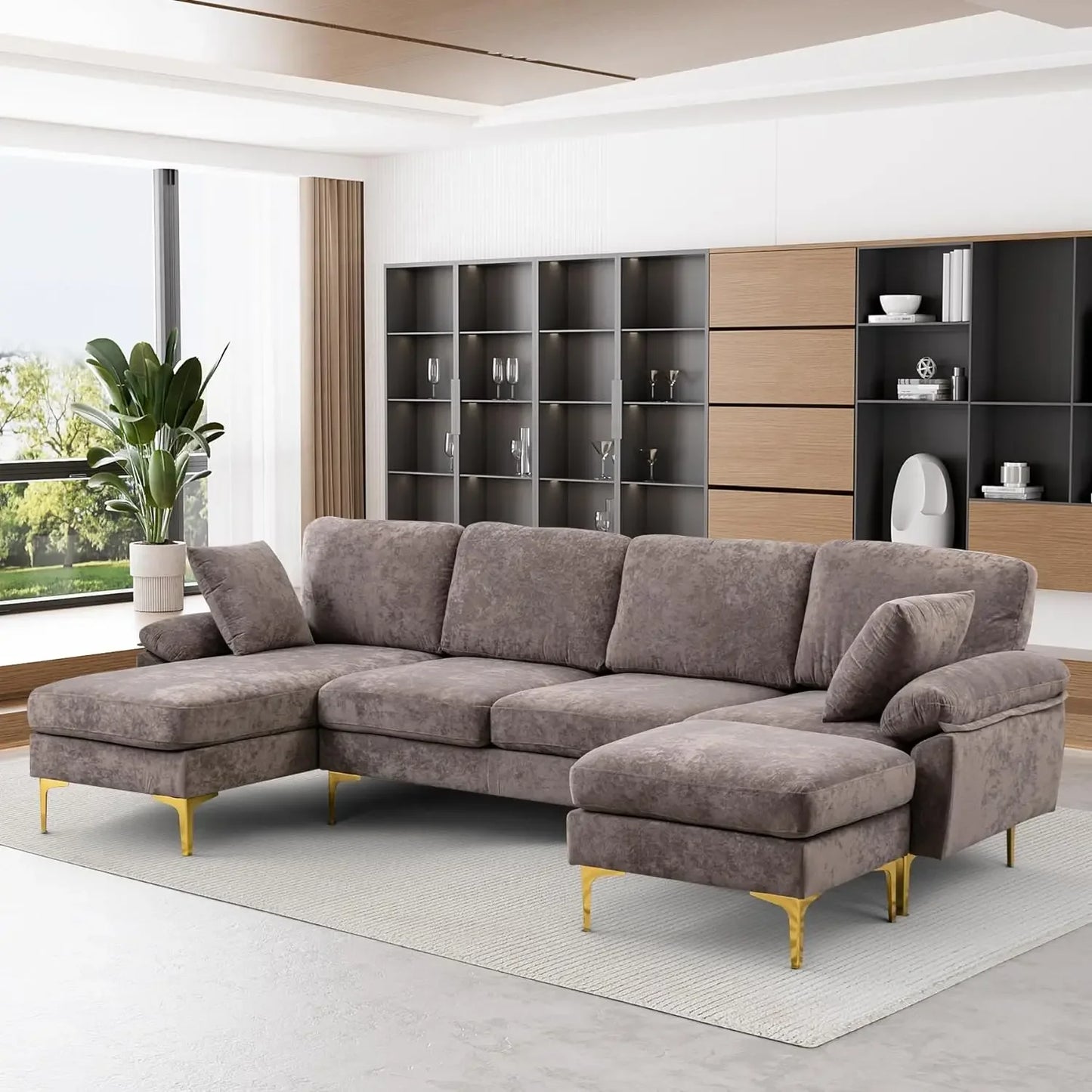 RYKER Modern Velvet U-Shaped Sectional Sofa with Chaise & Ottoman – Sectional Couch – 114.17" W