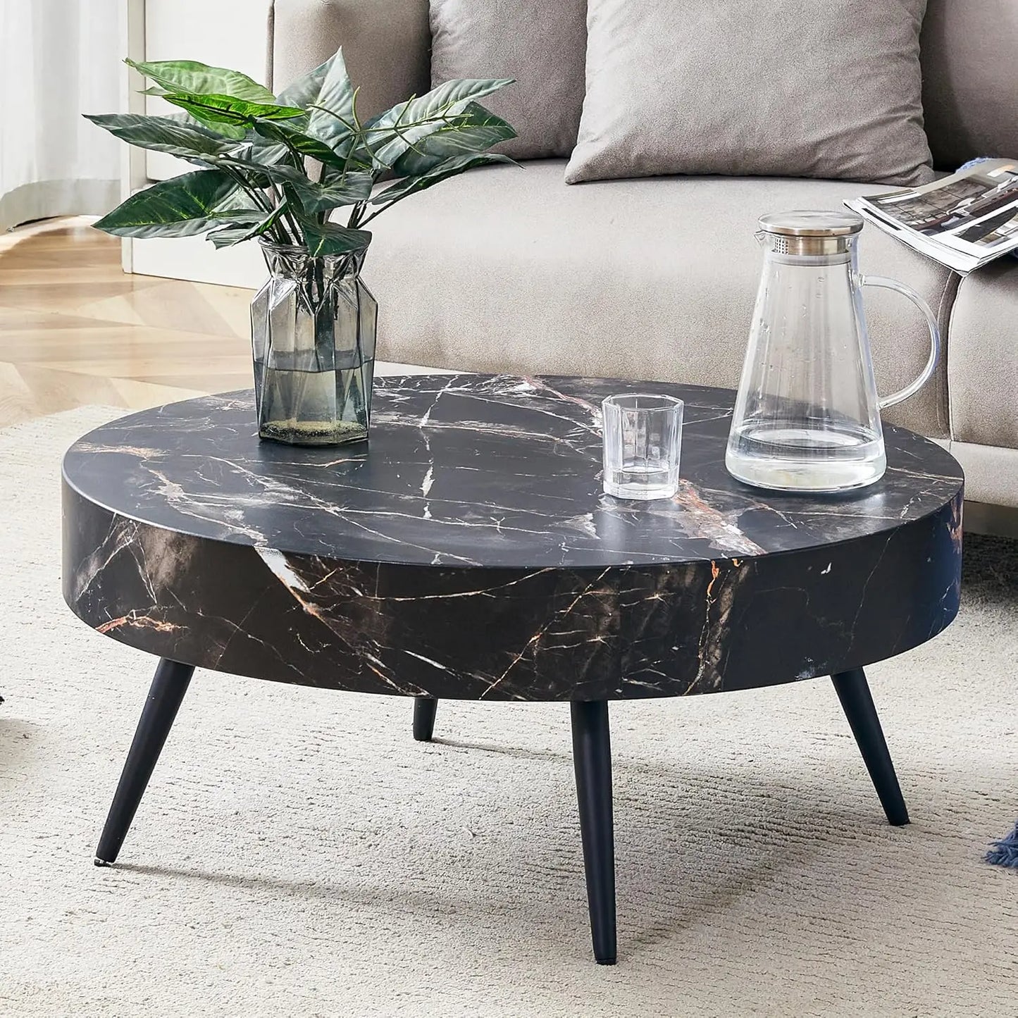 LAN Wooden Round Coffee Table with Metal Legs-31.5" W