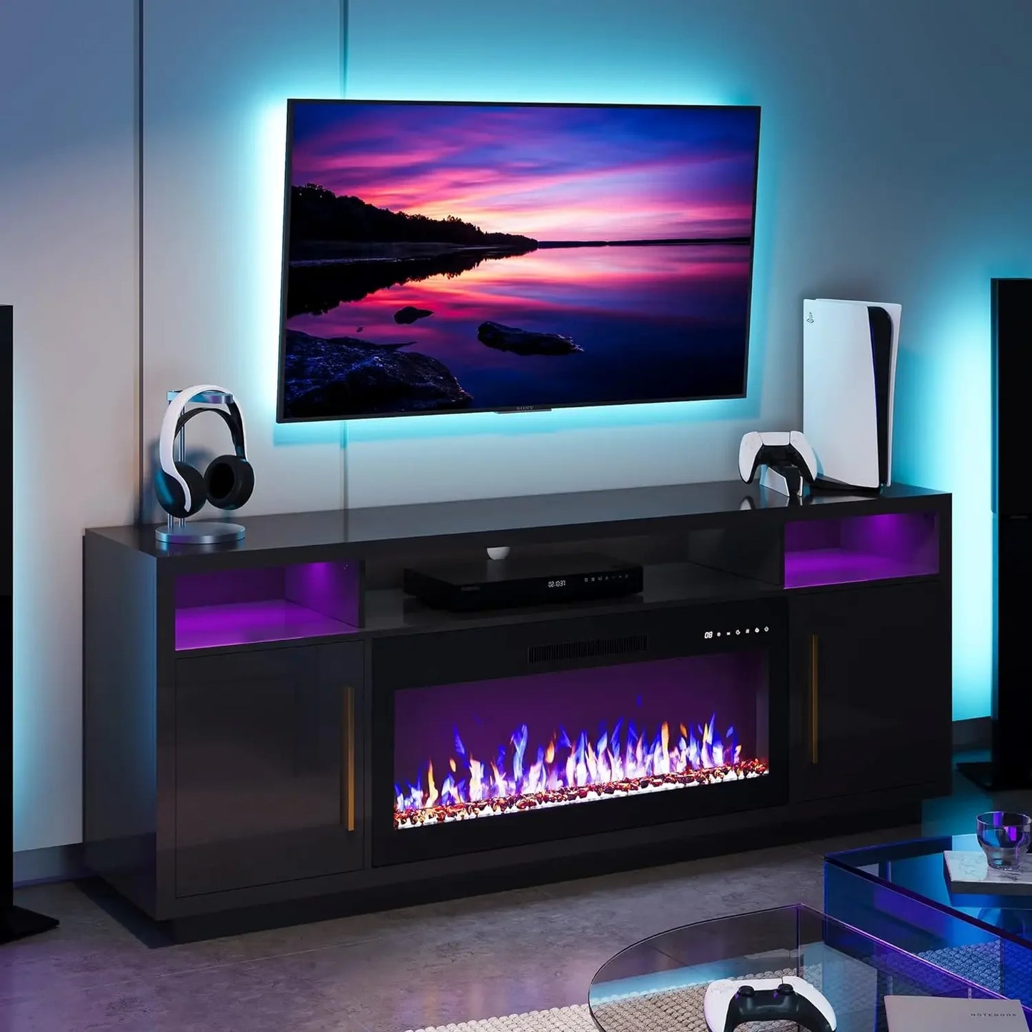 ASHLEY LED Light Entertainment Center, Electric Fireplace with Storage- 70" W