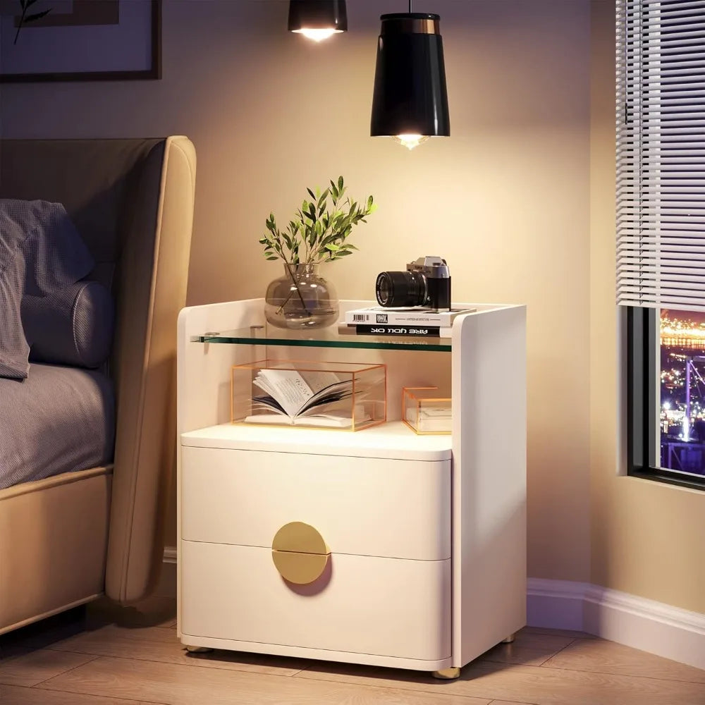 GRACELYNN Modern Glass-Top Nightstands Set of 2 – 2-Drawer Beige Bedside Table with Open Storage