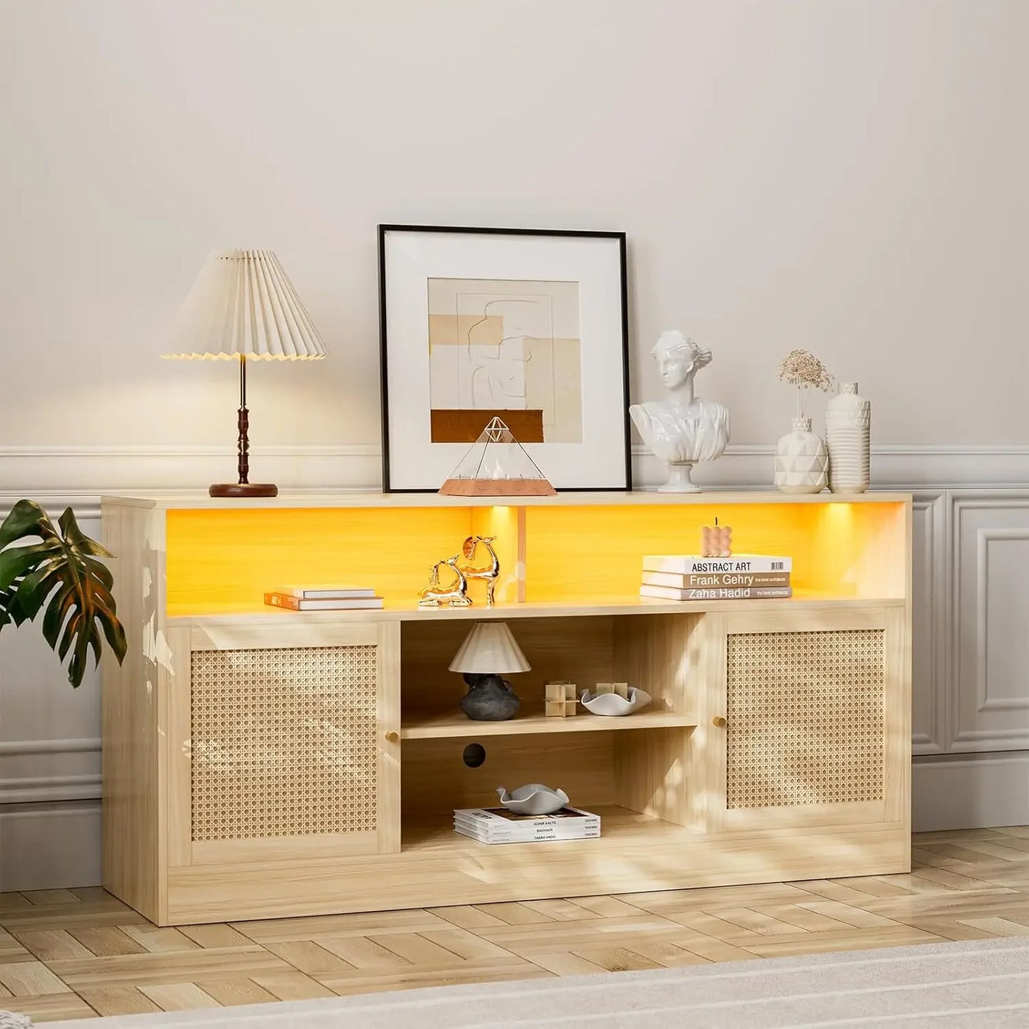 ADRIAN LED Rattan TV Stand Entertainment Center with Storage – 55" W