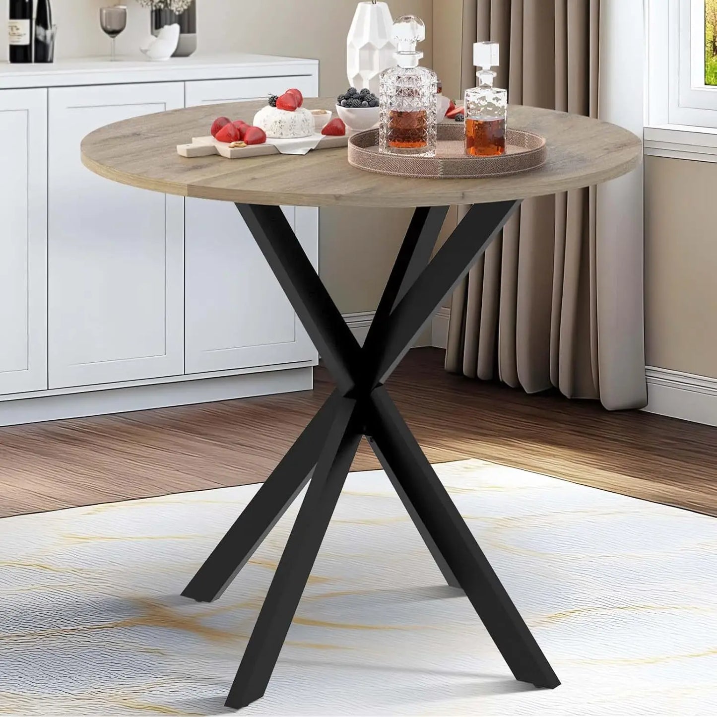 JOANNE Circle Kitchen Table with Metal Pedestal & Wooden Top Round Dining Table – 31.5"W