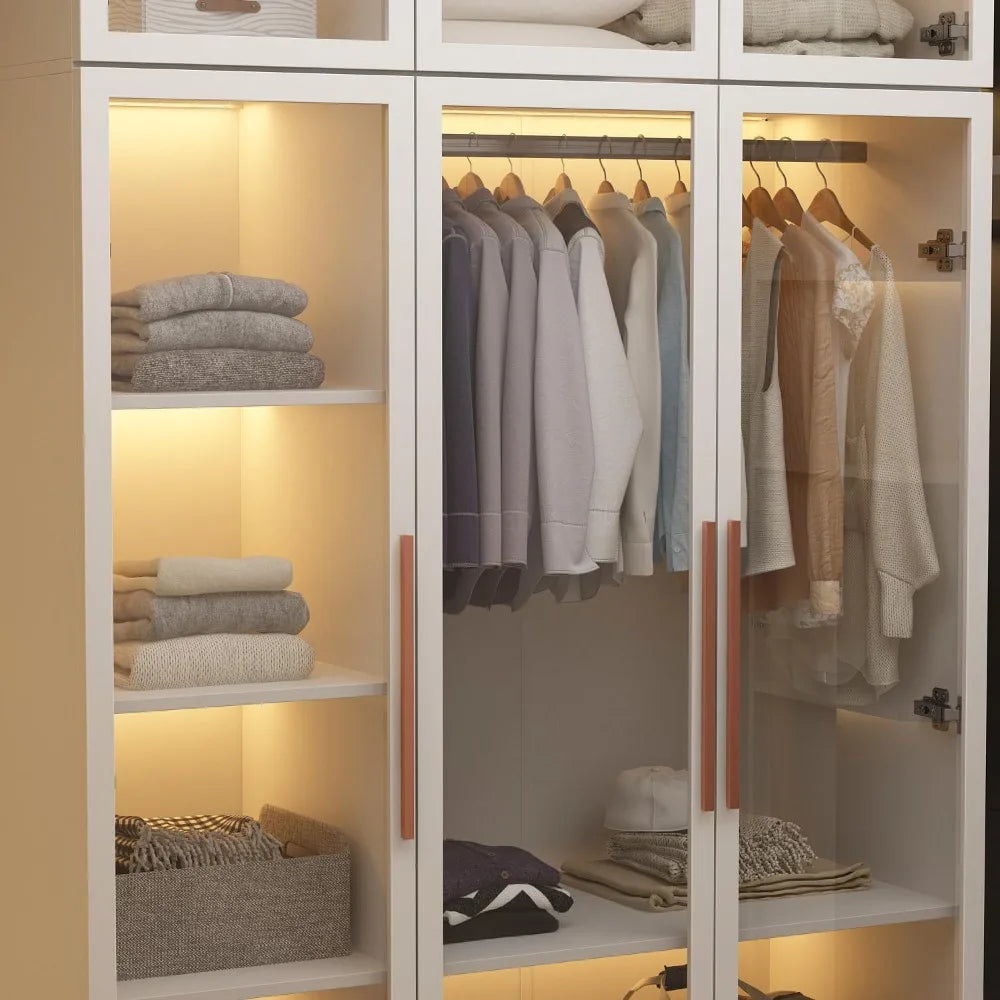 EVERLEE Modern Glass Door Wardrobe Armoire – LED-Lit Closet with Hanging Rod & Shelves