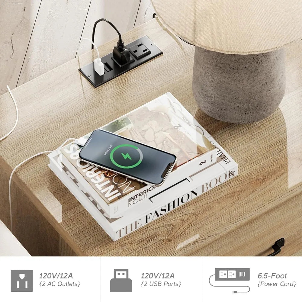 TESSA Wooden Nightstand Set of 2 - 2 Drawer Bedside Table with Charging Station
