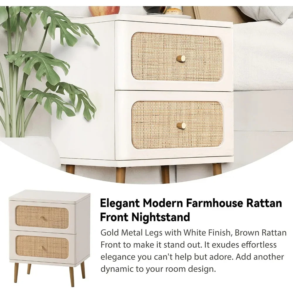 ALESSANDRA Modern Farmhouse Wicker Rattan Nightstand - 18.9'' Wooden Bedside Table