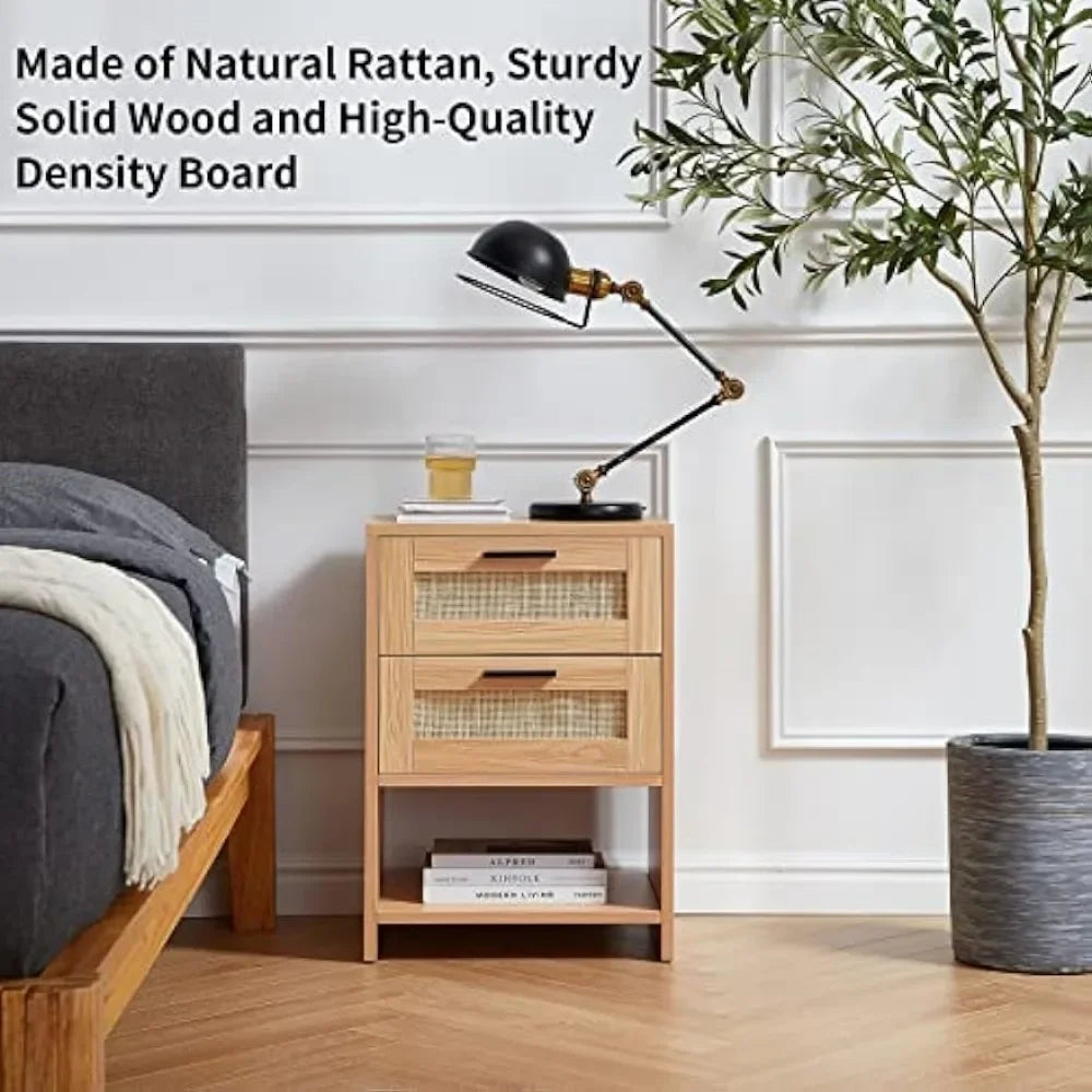MALANI Modern Rattan Nightstand with 2 Drawers & Open Storage – 17.3" Wide Bedside Table