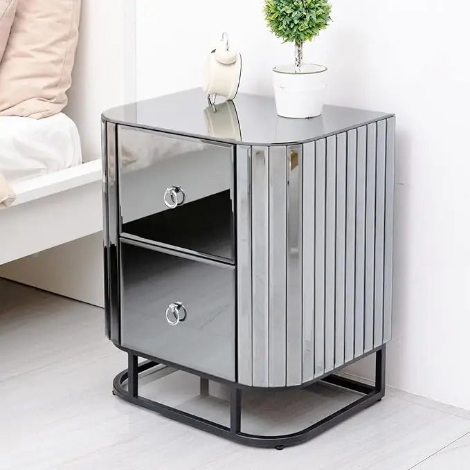 VIVIANA Modern Glass Bedside Table with 2 Drawers and Metal Frame – 19.69"W