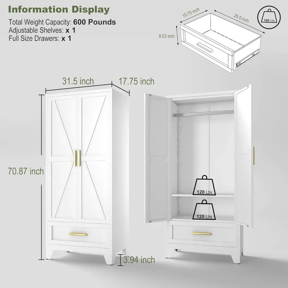 JOY Metal Barn Door Wardrobe Closet with Drawer – 31.5" Wide Steel Armoire