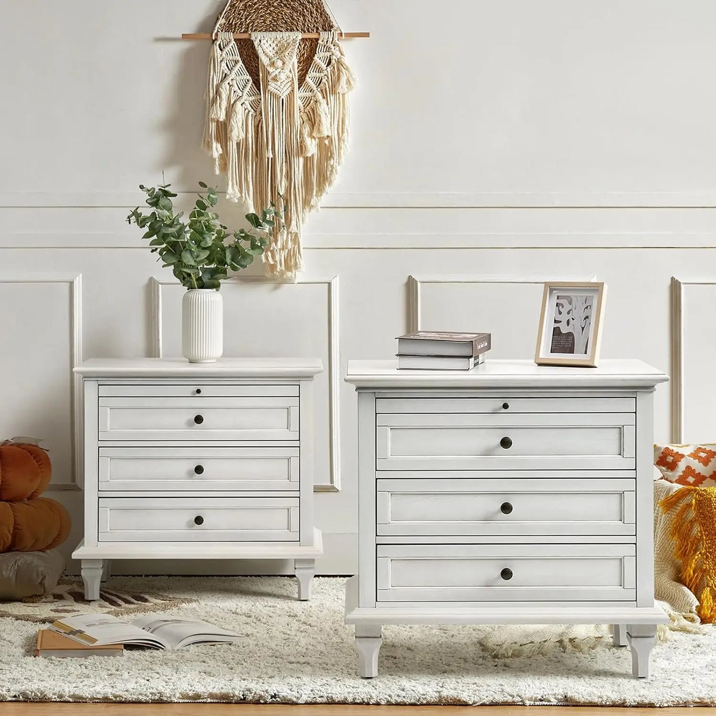 REGINA Farmhouse Nightstand Set of 2 with Charging Station, Pull-Out Shelf & Solid Wood Legs - 27''