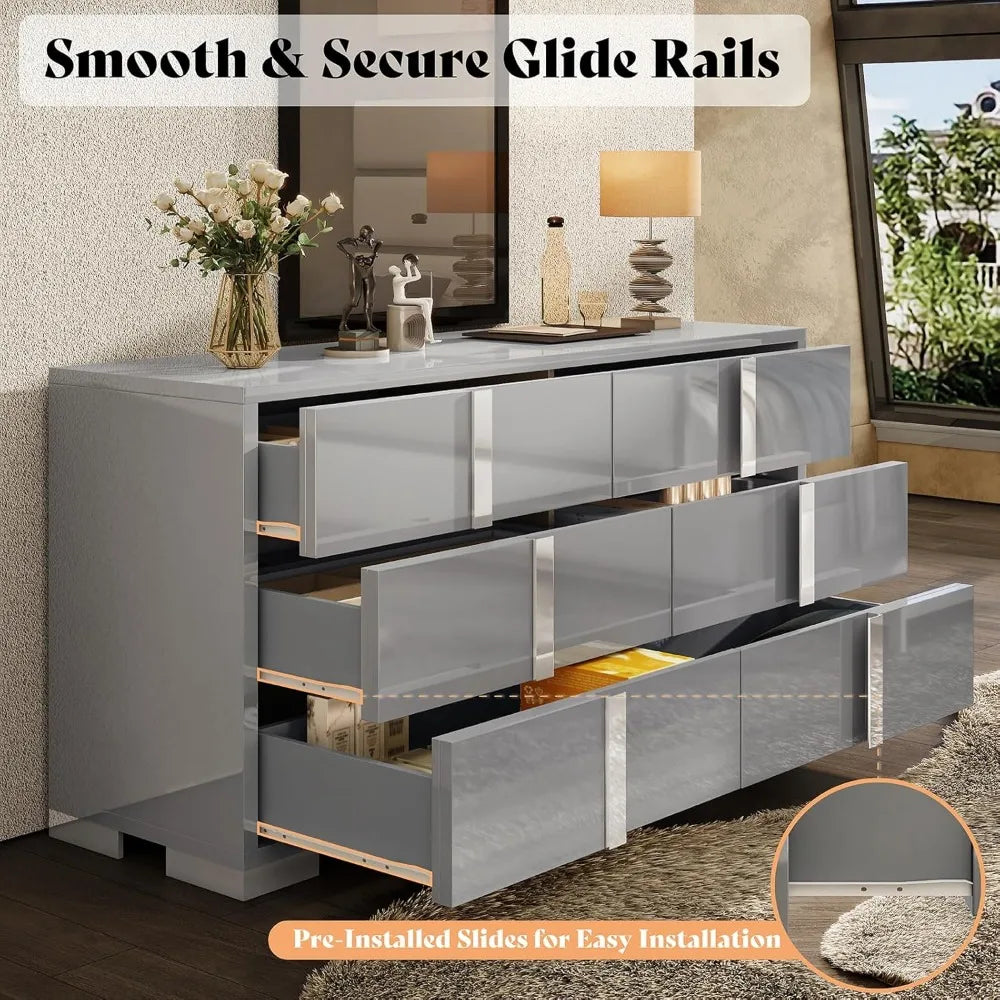 AUBREE Modern High Gloss 6-Drawer Dresser with Silver Handles - 54" W